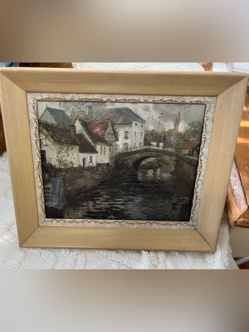 Vintage inspired wall art print of cottages & bridge framed in an Vtg frame